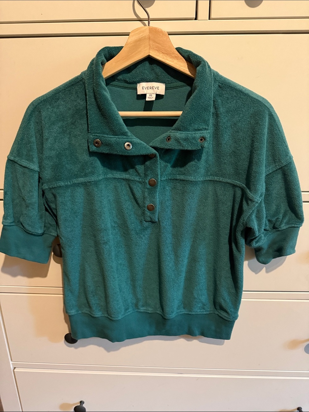 Evereve Teal Terry Snap-Neck Short Sleeve Pullover